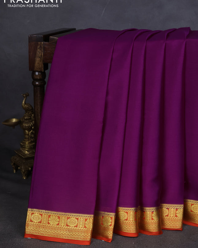 Pure mysore silk saree purple and orange with plain body and zari woven border