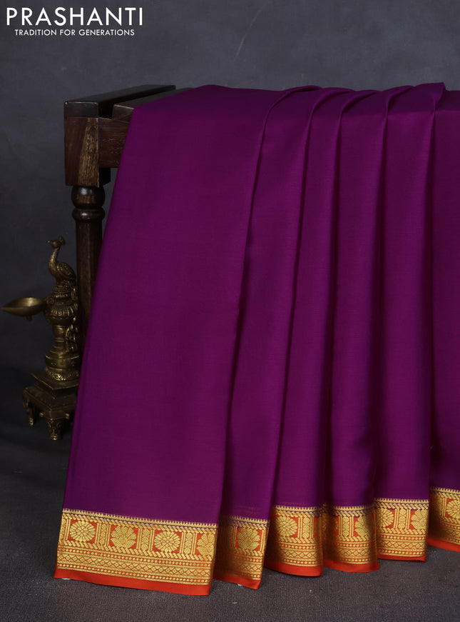 Pure mysore silk saree purple and orange with plain body and zari woven border