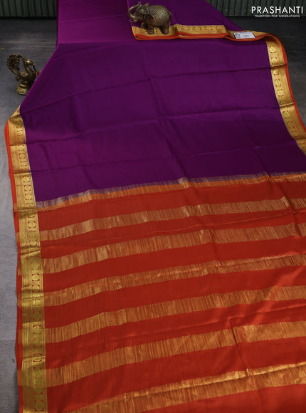 Pure mysore silk saree purple and orange with plain body and zari woven border