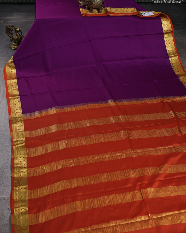 Pure mysore silk saree purple and orange with plain body and zari woven border