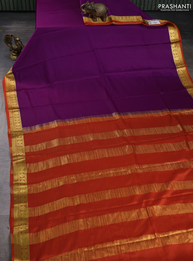 Pure mysore silk saree purple and orange with plain body and zari woven border