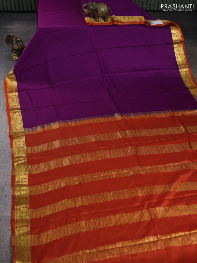 Pure mysore silk saree purple and orange with plain body and zari woven border