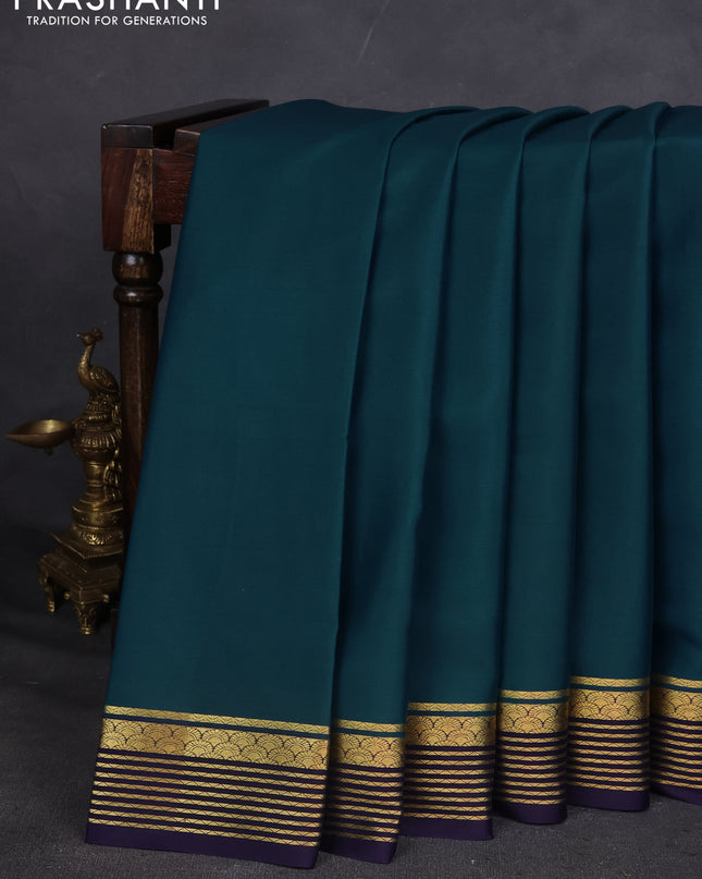 Pure mysore silk saree peacock blue and navy blue with plain body and zari woven border