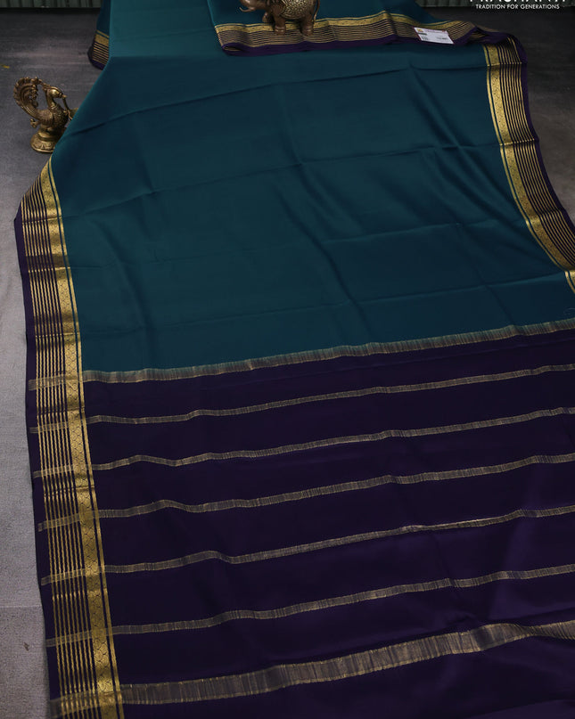 Pure mysore silk saree peacock blue and navy blue with plain body and zari woven border