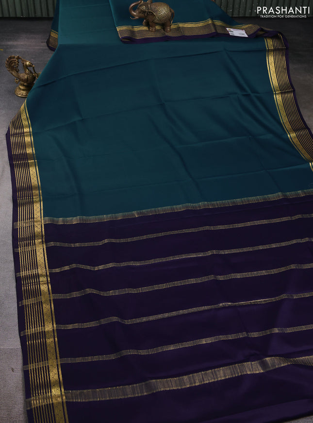 Pure mysore silk saree peacock blue and navy blue with plain body and zari woven border