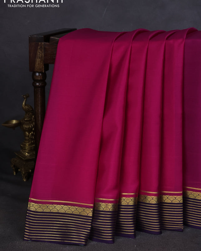 Pure mysore silk saree pink and violet with plain body and zari woven border
