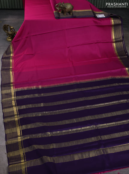 Pure mysore silk saree pink and violet with plain body and zari woven border