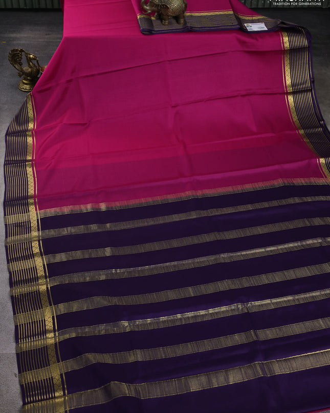 Pure mysore silk saree pink and violet with plain body and zari woven border