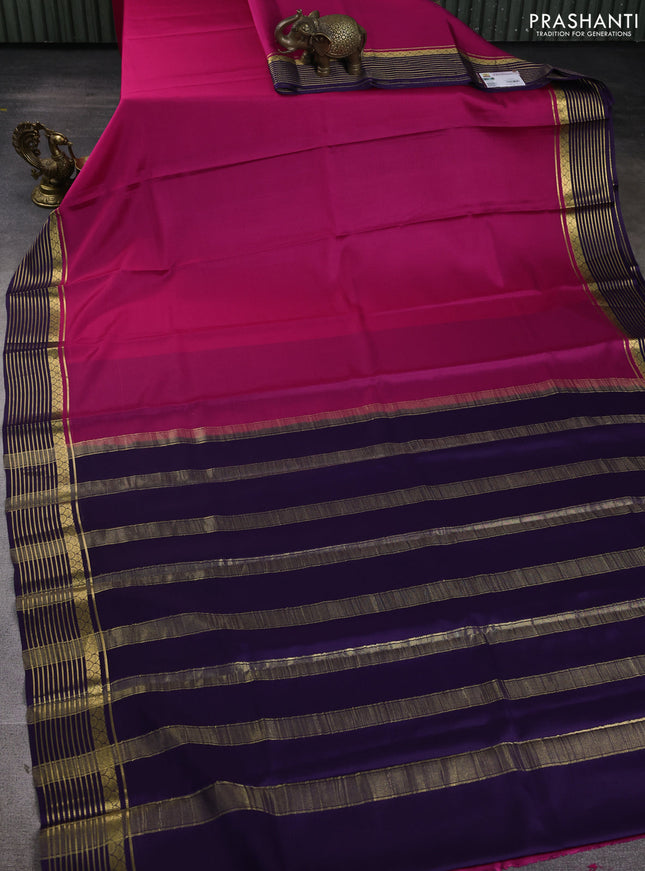 Pure mysore silk saree pink and violet with plain body and zari woven border