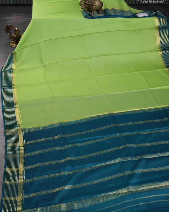 Pure mysore silk saree pista green and teal blue with plain body and zari woven border