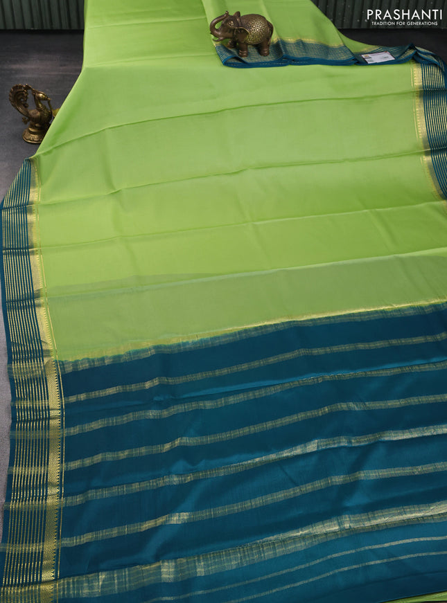 Pure mysore silk saree pista green and teal blue with plain body and zari woven border