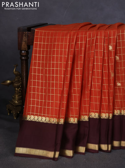 Pure mysore silk saree rustic orange and brown with allover zari checked pattern and rettapet zari woven border