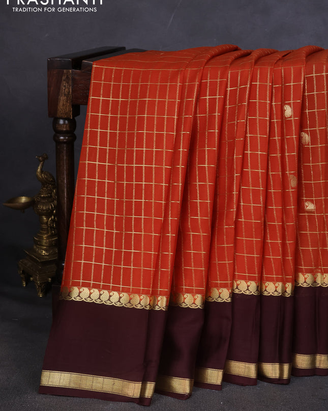 Pure mysore silk saree rustic orange and brown with allover zari checked pattern and rettapet zari woven border