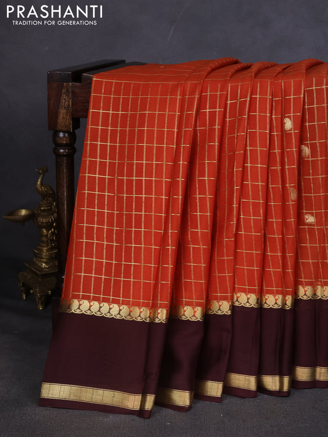 Pure mysore silk saree rustic orange and brown with allover zari checked pattern and rettapet zari woven border