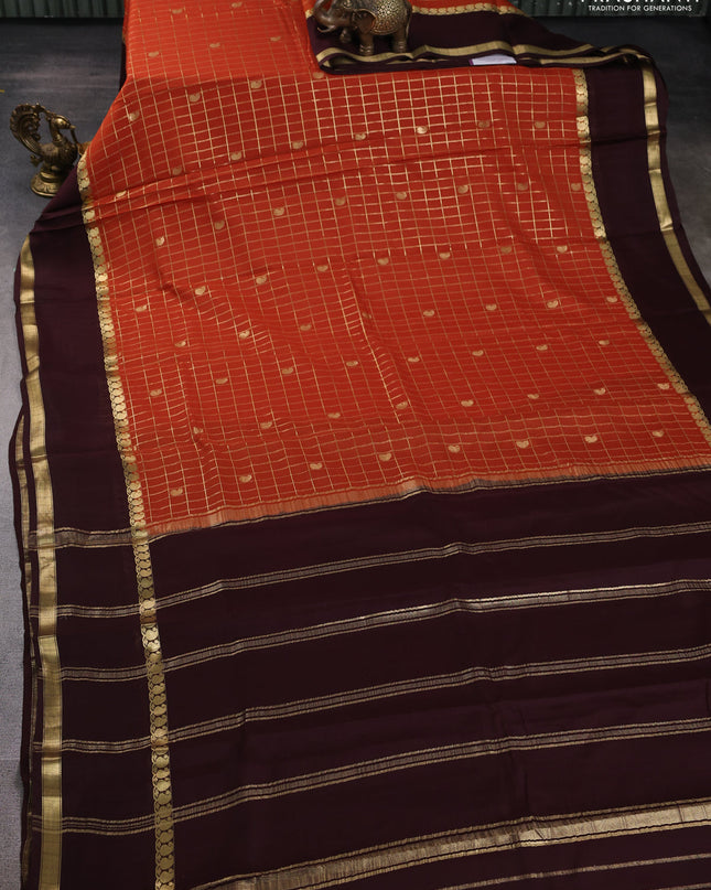 Pure mysore silk saree rustic orange and brown with allover zari checked pattern and rettapet zari woven border
