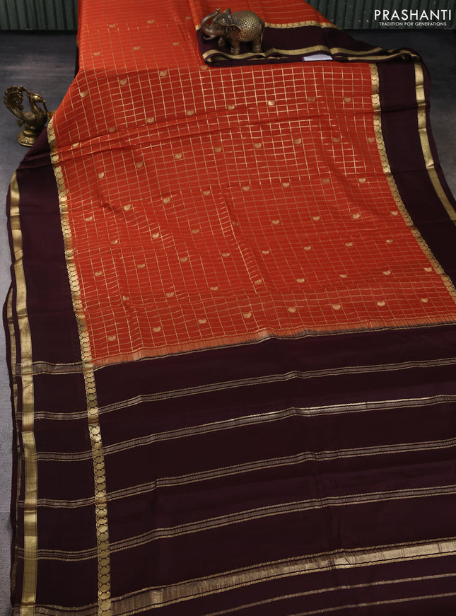 Pure mysore silk saree rustic orange and brown with allover zari checked pattern and rettapet zari woven border