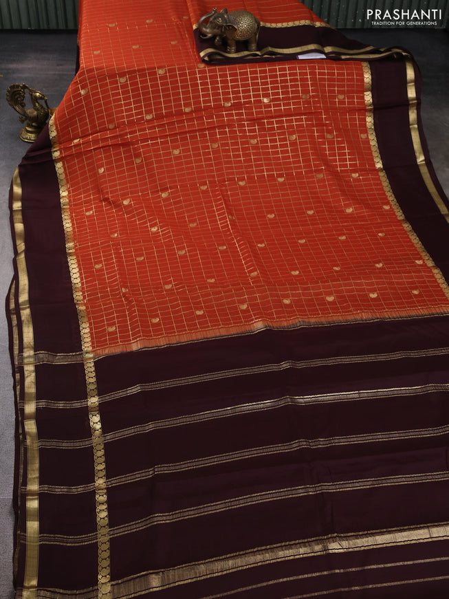 Pure mysore silk saree rustic orange and brown with allover zari checked pattern and rettapet zari woven border