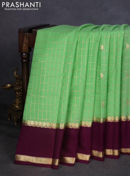 Pure mysore silk saree pista green and wine shade with allover zari checks & buttas and rettapet zari woven border