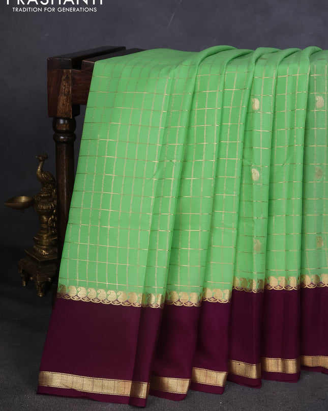 Pure mysore silk saree pista green and wine shade with allover zari checks & buttas and rettapet zari woven border