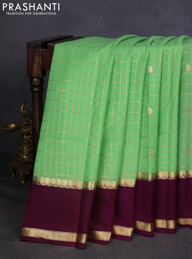Pure mysore silk saree pista green and wine shade with allover zari checks & buttas and rettapet zari woven border