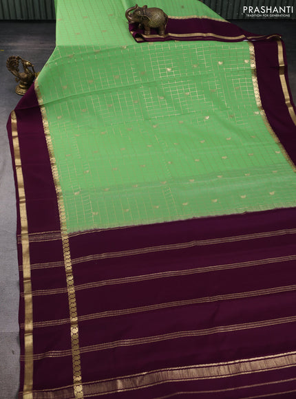 Pure mysore silk saree pista green and wine shade with allover zari checks & buttas and rettapet zari woven border