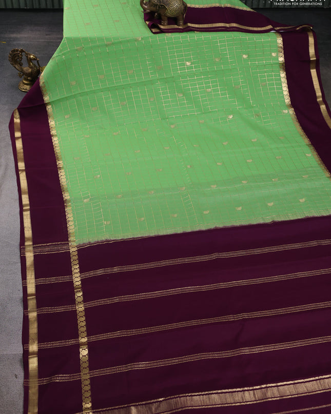 Pure mysore silk saree pista green and wine shade with allover zari checks & buttas and rettapet zari woven border