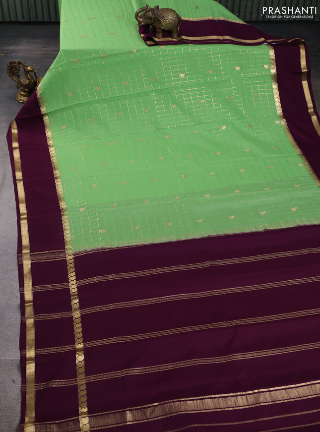 Pure mysore silk saree pista green and wine shade with allover zari checks & buttas and rettapet zari woven border