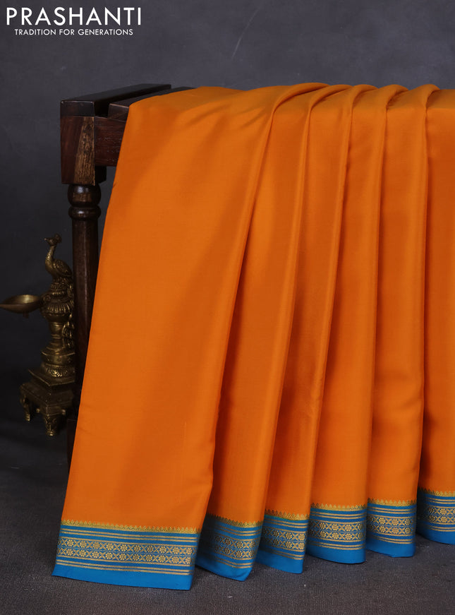 Pure mysore silk saree orange and cs blue with plain body and zari woven border