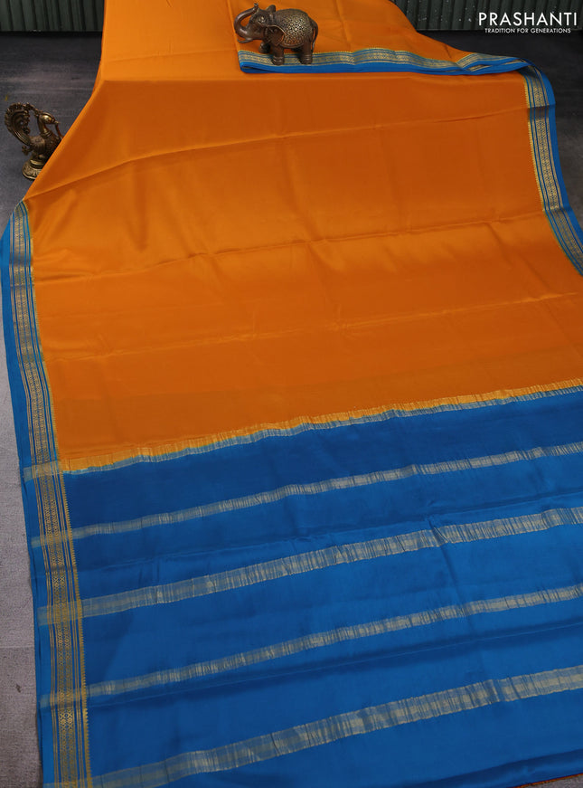 Pure mysore silk saree orange and cs blue with plain body and zari woven border