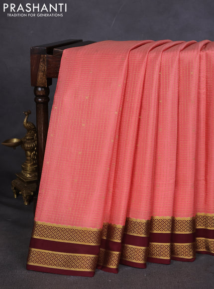 Pure mysore silk saree peach orange and deep maroon with allover zari checked pattern and rettapet zari woven border