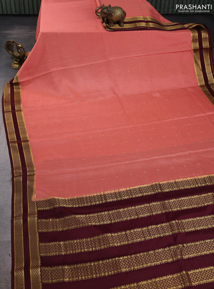 Pure mysore silk saree peach orange and deep maroon with allover zari checked pattern and rettapet zari woven border