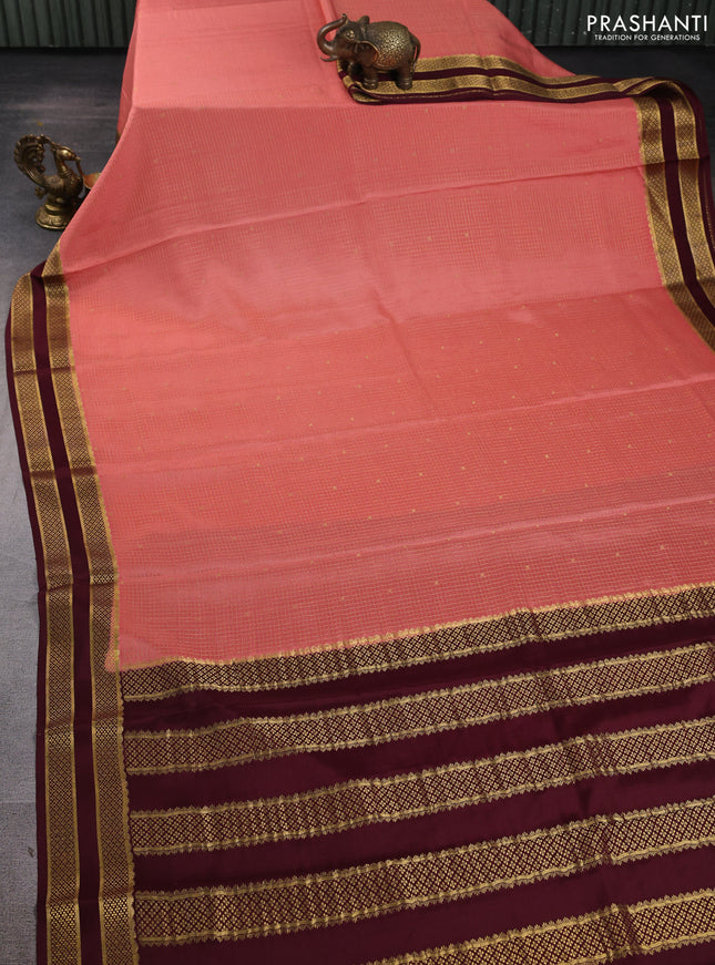 Pure mysore silk saree peach orange and deep maroon with allover zari checked pattern and rettapet zari woven border