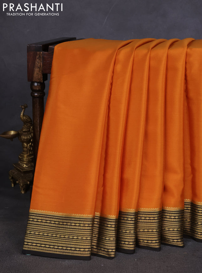 Pure mysore silk saree mustard yellow and black with plain body and zari woven border