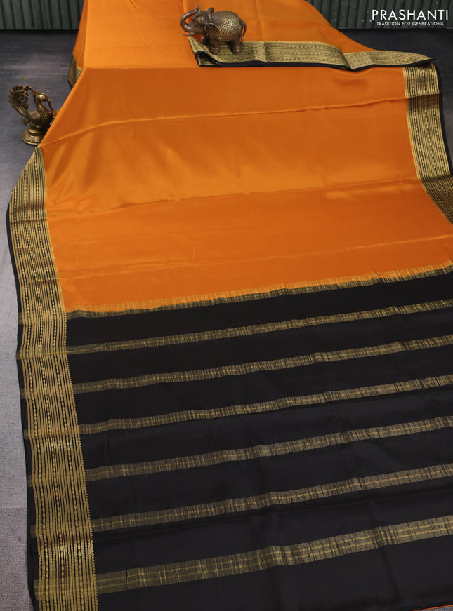 Pure mysore silk saree mustard yellow and black with plain body and zari woven border