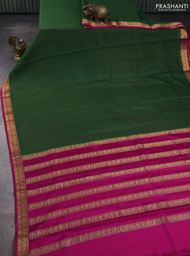 Pure mysore silk saree green and pink with allover zari checked pattern and zari woven border