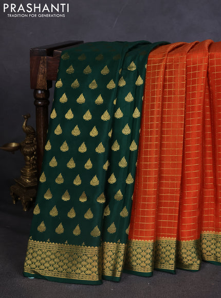 Pure mysore silk saree orange and green with allover zari checked pattern and zari woven border