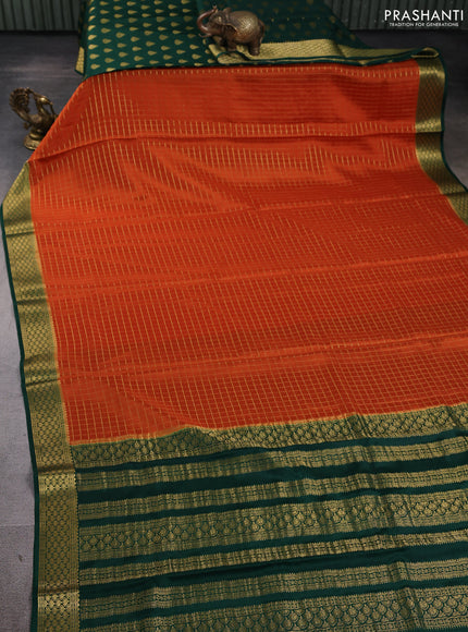 Pure mysore silk saree orange and green with allover zari checked pattern and zari woven border