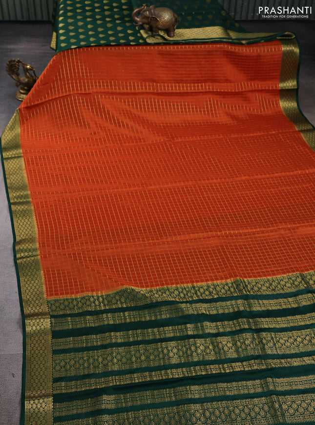 Pure mysore silk saree orange and green with allover zari checked pattern and zari woven border