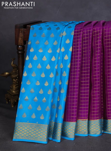 Pure mysore silk saree purple and cs blue with allover zari checked pattern and zari woven border