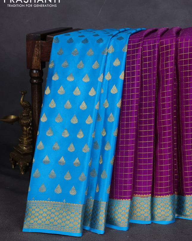 Pure mysore silk saree purple and cs blue with allover zari checked pattern and zari woven border