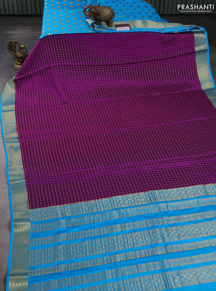 Pure mysore silk saree purple and cs blue with allover zari checked pattern and zari woven border