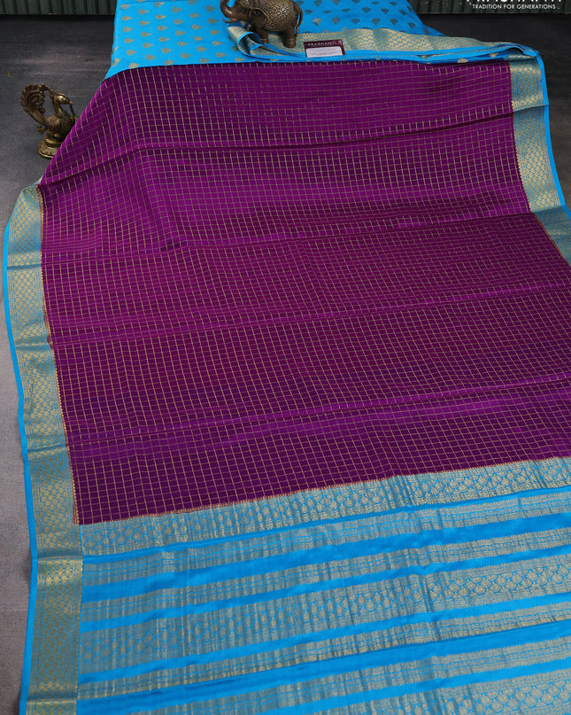 Pure mysore silk saree purple and cs blue with allover zari checked pattern and zari woven border