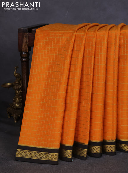 Pure mysore silk saree orange and deep coffee brown with allover zari checked pattern and zari woven border