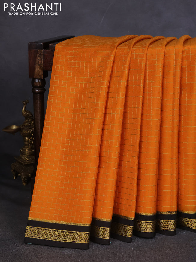 Pure mysore silk saree orange and deep coffee brown with allover zari checked pattern and zari woven border