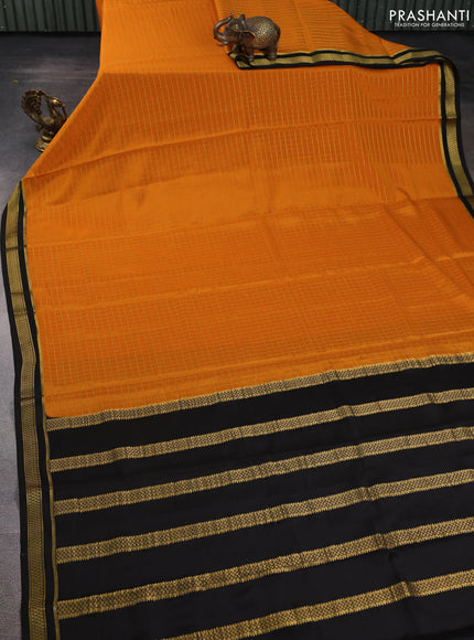 Pure mysore silk saree orange and deep coffee brown with allover zari checked pattern and zari woven border