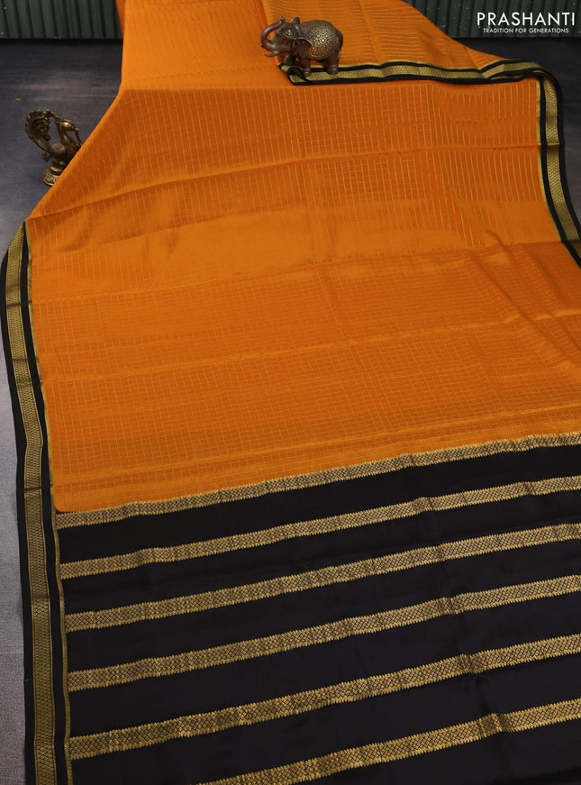 Pure mysore silk saree orange and deep coffee brown with allover zari checked pattern and zari woven border