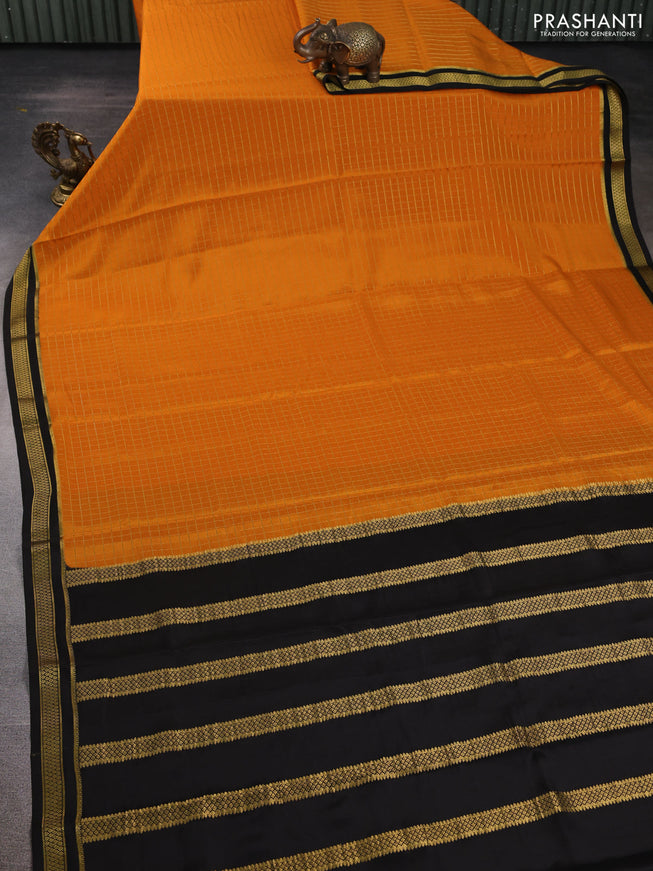 Pure mysore silk saree orange and deep coffee brown with allover zari checked pattern and zari woven border
