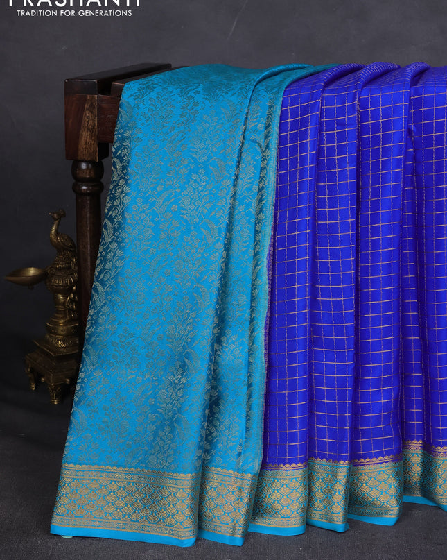 Pure mysore silk saree royal blue and cs blue with allover zari checked pattern and zari woven border