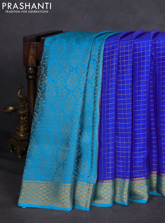 Pure mysore silk saree royal blue and cs blue with allover zari checked pattern and zari woven border