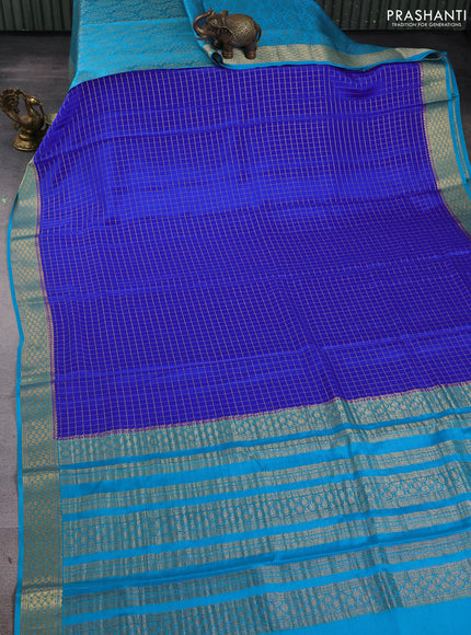 Pure mysore silk saree royal blue and cs blue with allover zari checked pattern and zari woven border